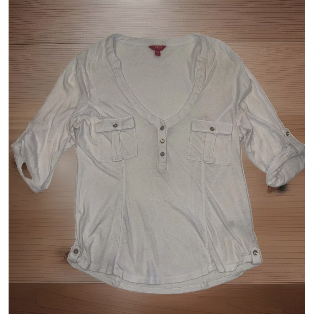 Guess Y2K Women's Roll Tab Knit Pocket Top Size Large White‎ W/ Gold Buttons